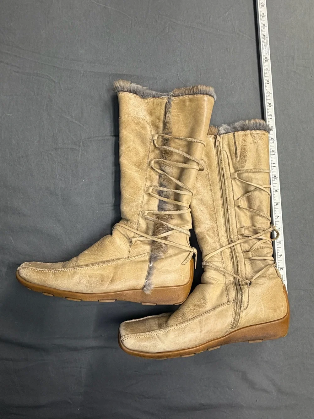 VTG Destroy Y2K Cream Leather Fur Trim Lace Up Boots VAILLA01 Size 11